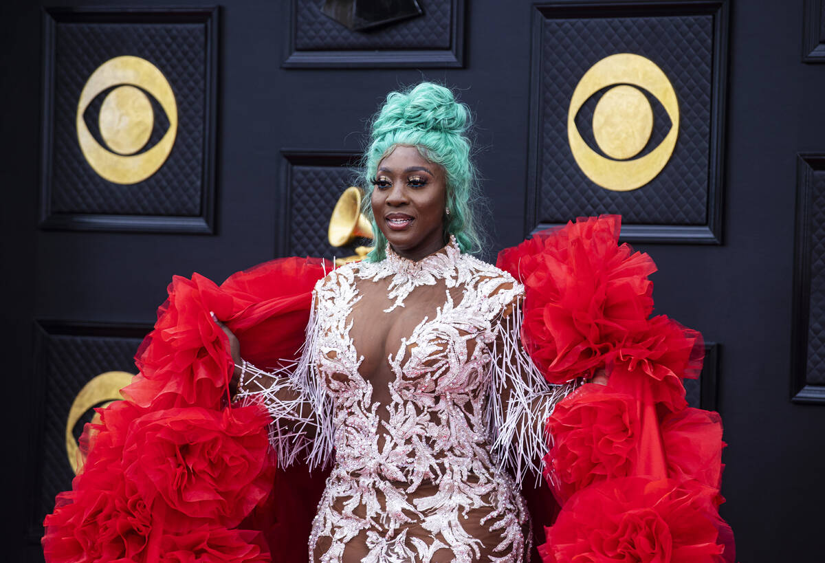 Spice on the red carpet before the start of the 2022 Grammy Awards on Sunday, April 3, 2022, at ...