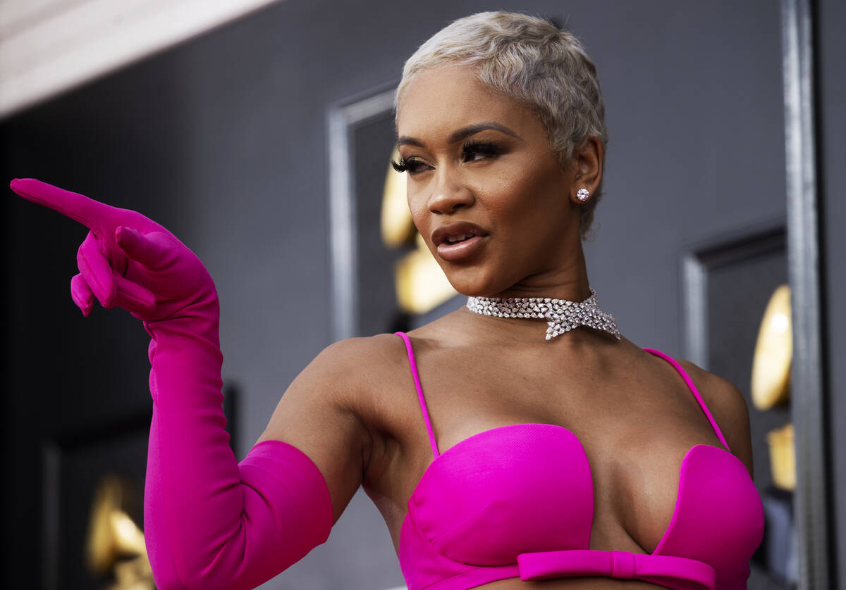 Saweetie on the red carpet before the start of the 2022 Grammy Awards on Sunday, April 3, 2022, ...