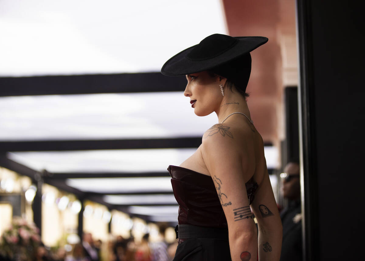 Halsey on the red carpet before the start of the 2022 Grammy Awards on Sunday, April 3, 2022, a ...