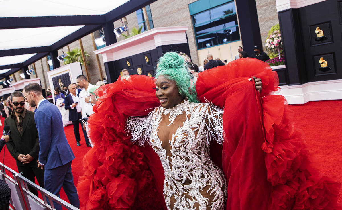 Spice on the red carpet before the start of the 2022 Grammy Awards on Sunday, April 3, 2022, at ...