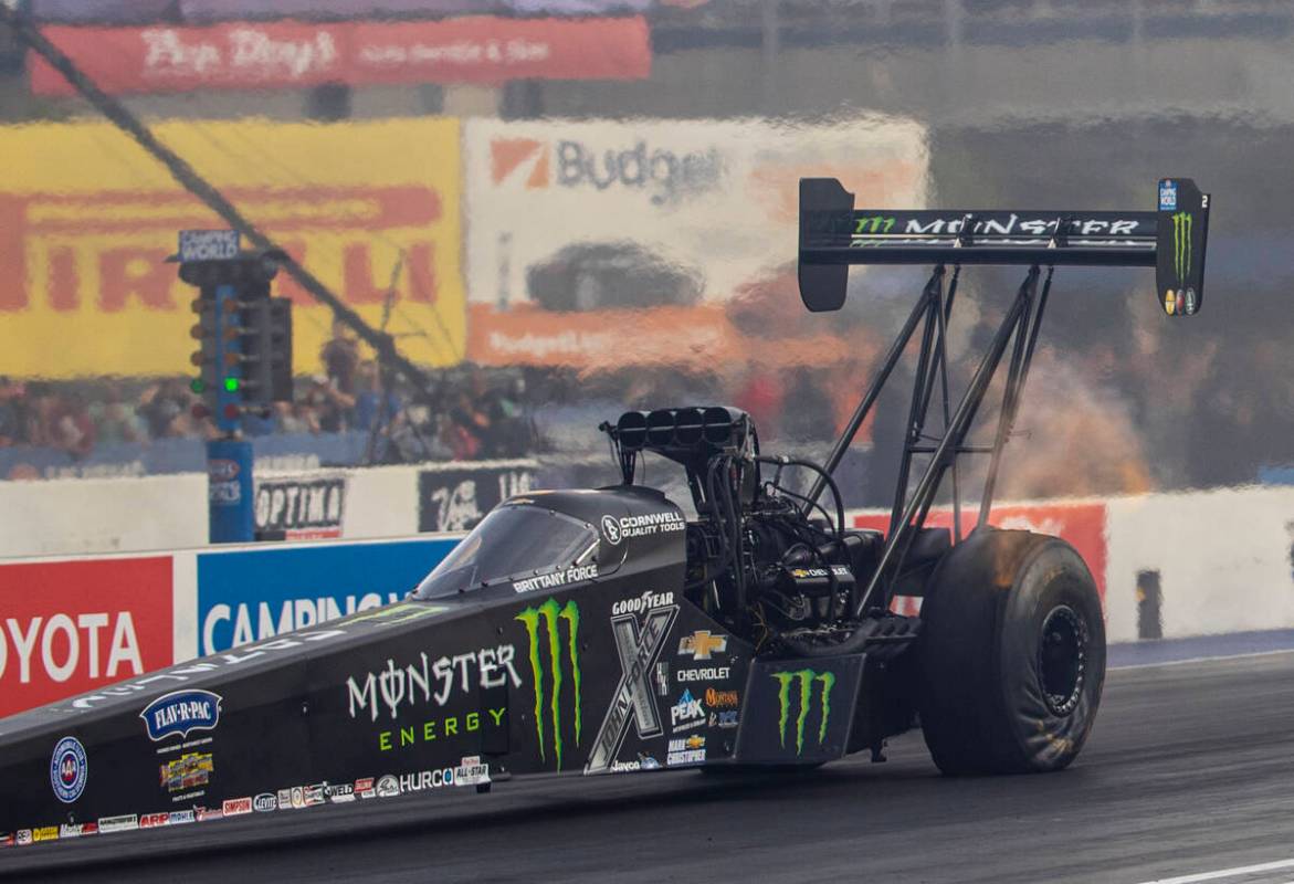 Top Fuel driver Brittany Force takes off to win in the finals of the Top Fuel eliminations at t ...