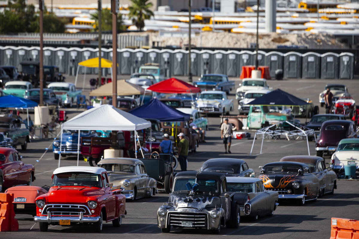 Vintage vehicles are set up ahead of the car show during the first day of Viva Las Vegas Rockab ...