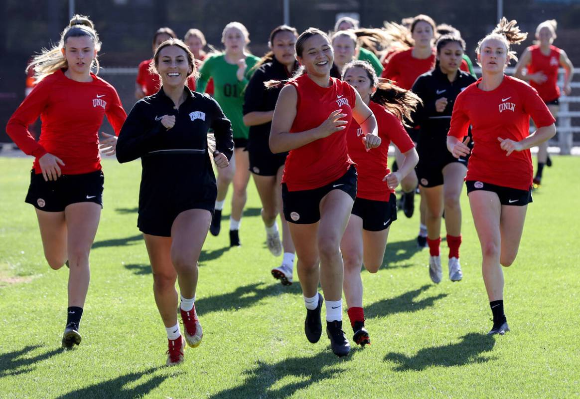 Members of the UNLV women’s soccer team work out during practice at Peter Johann Field i ...