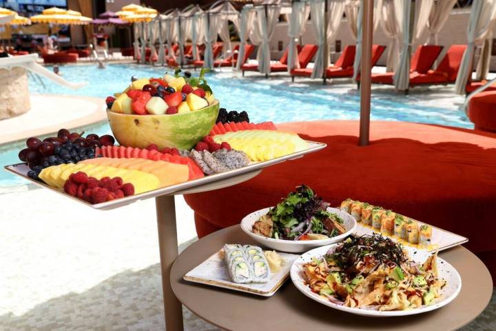 Menu items at Azilo Ultra Pool at Sahara Las Vegas on the Strip Friday, April 8, 2022. Food ite ...