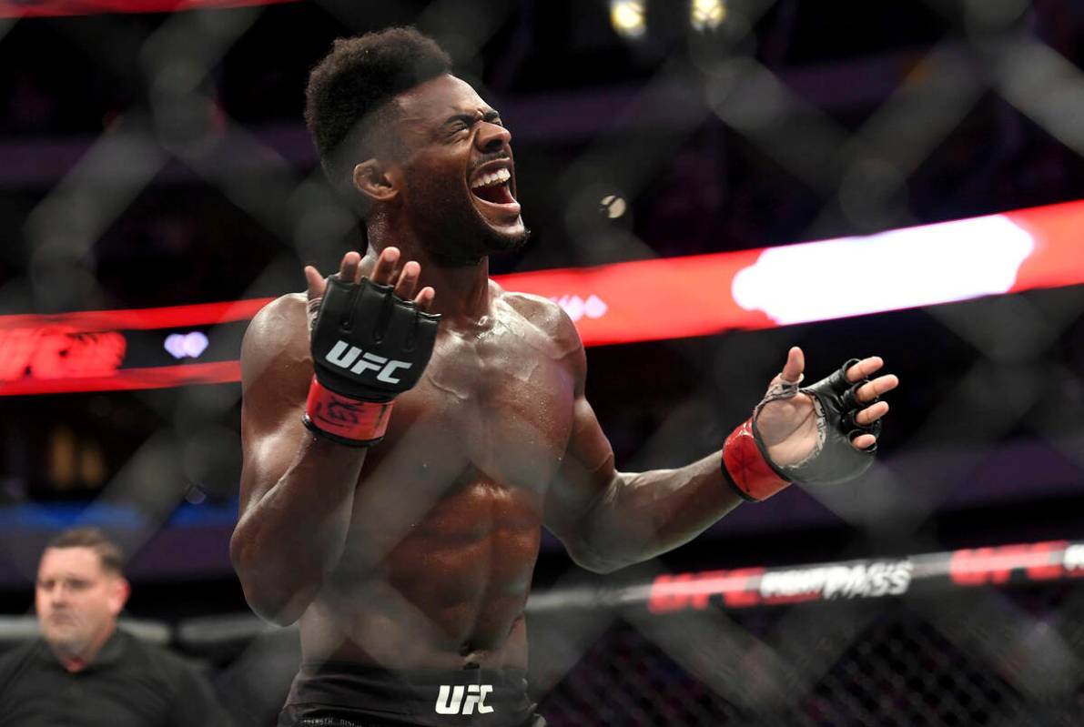 Aljamain Sterling celebrates after defeating Cody Stamann in their bantamweight mixed martial a ...