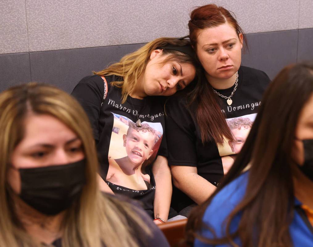 Victoria Anderson, left, aunt of 4-year-old Mason Dominguez, and family friend Rachel Ingli wai ...