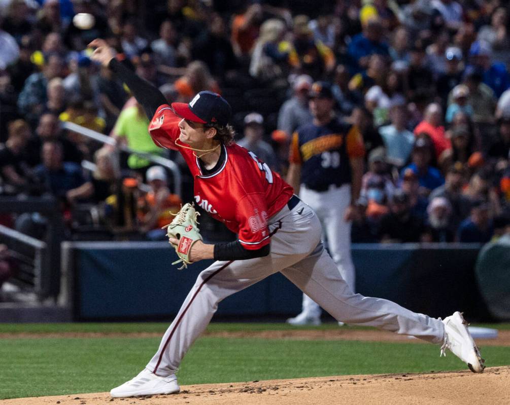 Reno Aces Ryne Nelson (29) delivers against the Las Vegas Aviators during the first inning of A ...