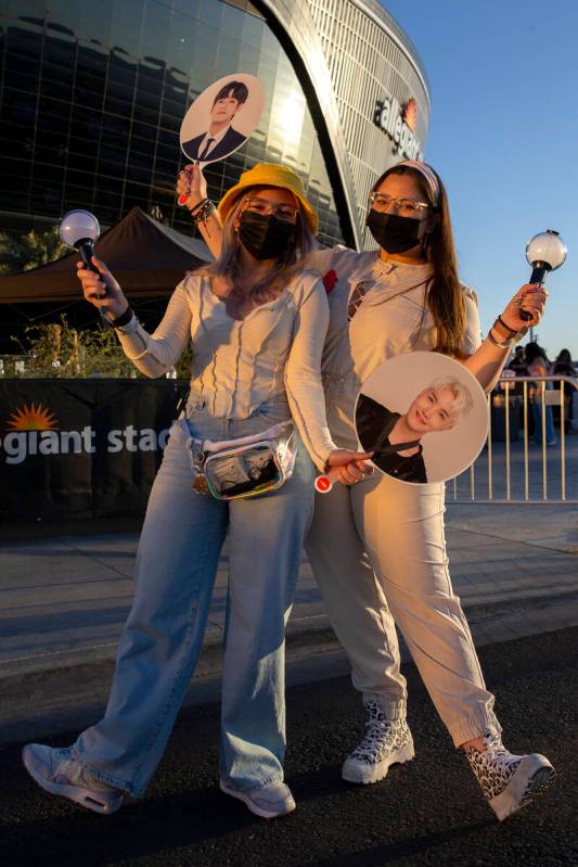 Sisters Antonella Perales, left, and Angela Perales, who traveled from Miami for the BTS show, ...