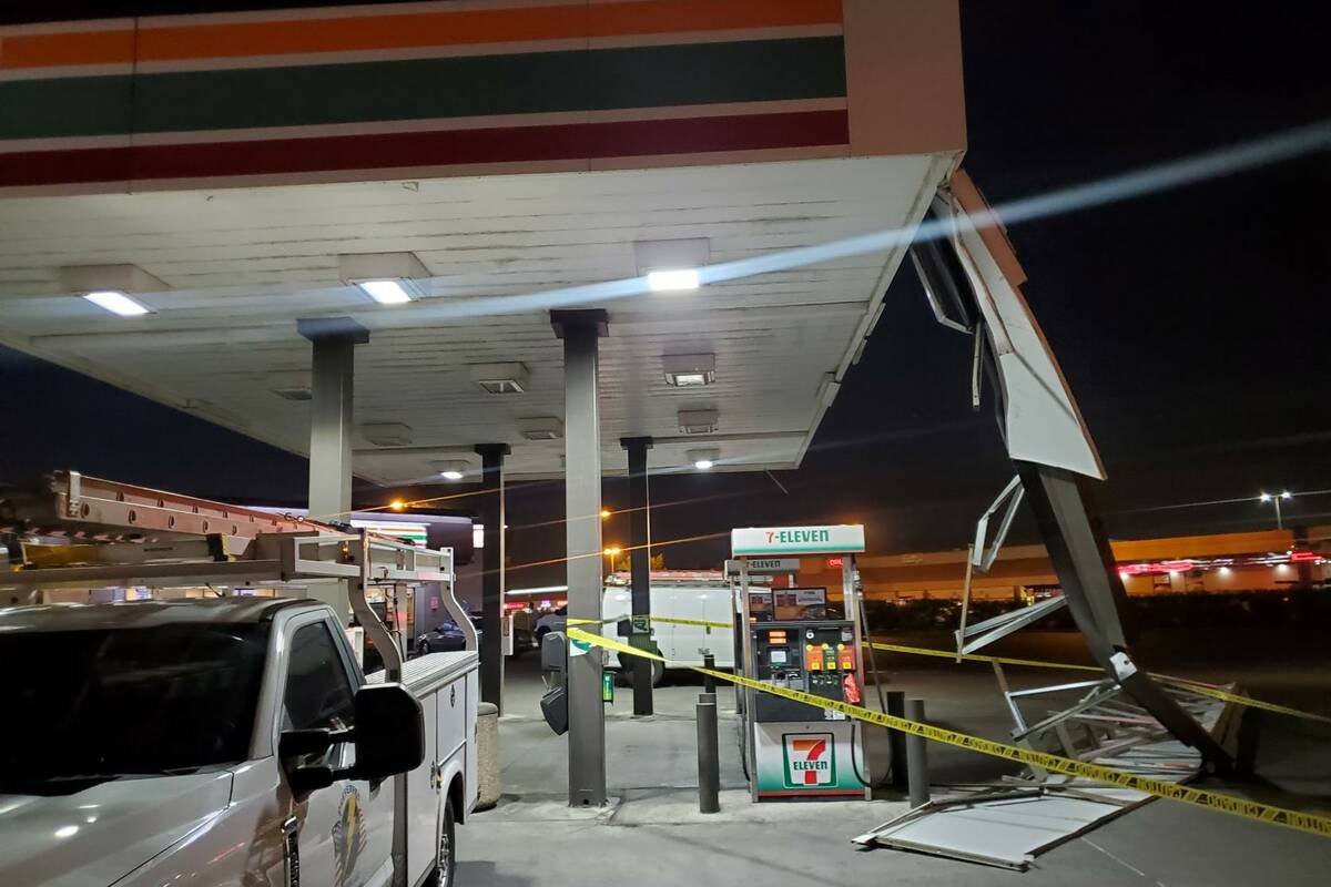 Wind damage is seen at a 7-11 store at Tropicana and Jones in Las Vegas on Monday, April 11, 20 ...