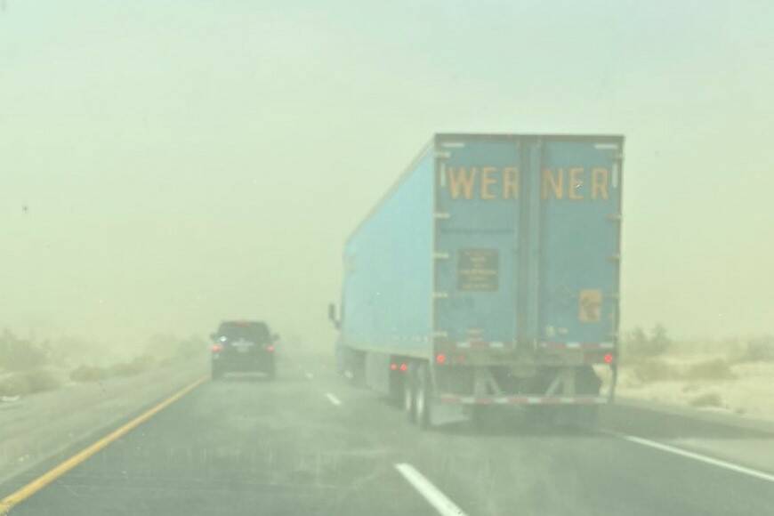 A dust storm strikes Interstate 15 near Las Vegas on Monday, April 11, 2022. (National Weather ...