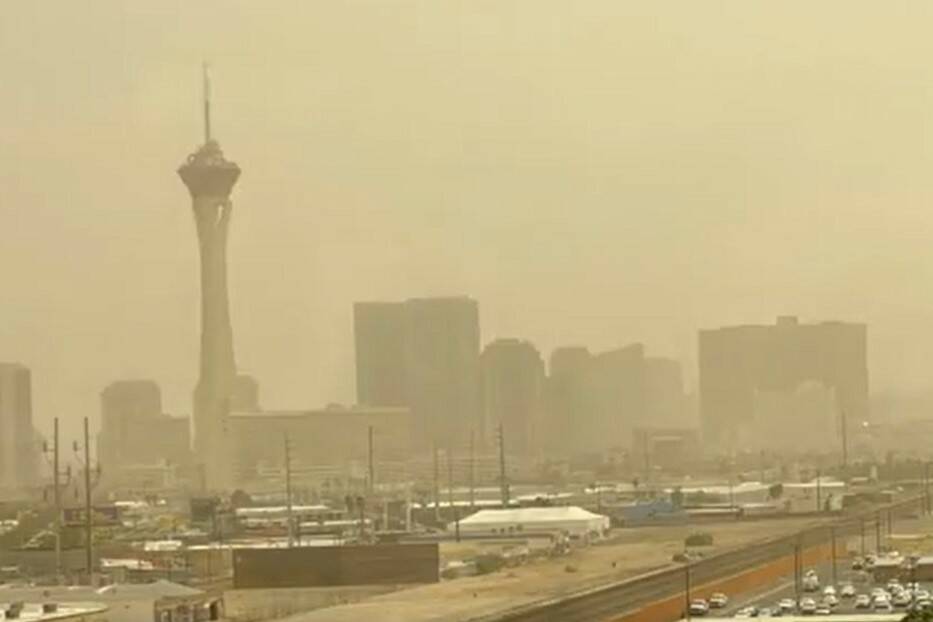 A dust storm envelops Las Vegas on Monday, April 11, 2022. (Clark County via Twitter)
