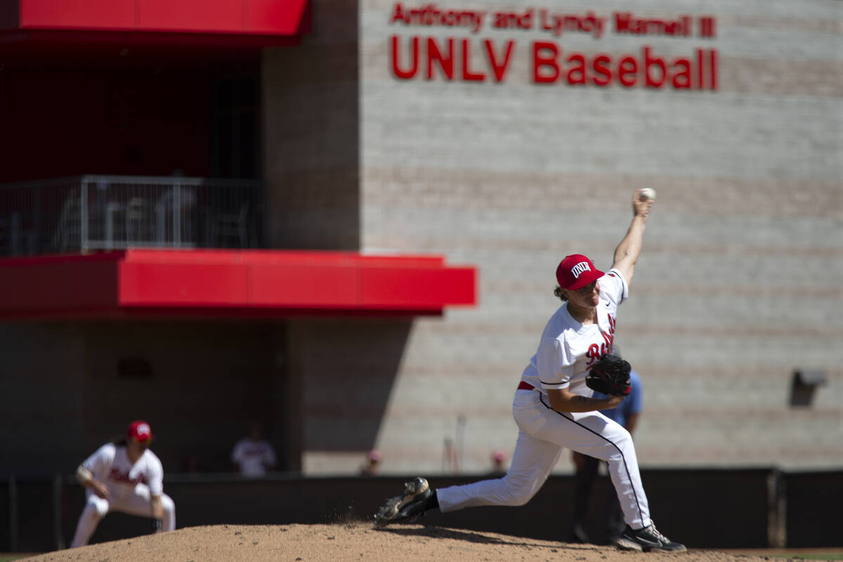 UNLV pitcher Braxton Brushke (7) pitches to UNR during an NCAA baseball game at Earl Wilson Sta ...