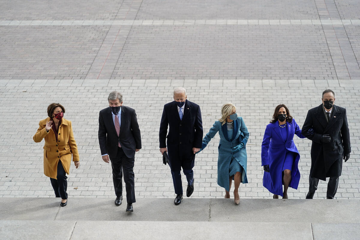 From left, Amy Klobuchar, D-Minn., Sen. Roy Blunt, R-Mo., President-elect Joe Biden, Jill Biden ...