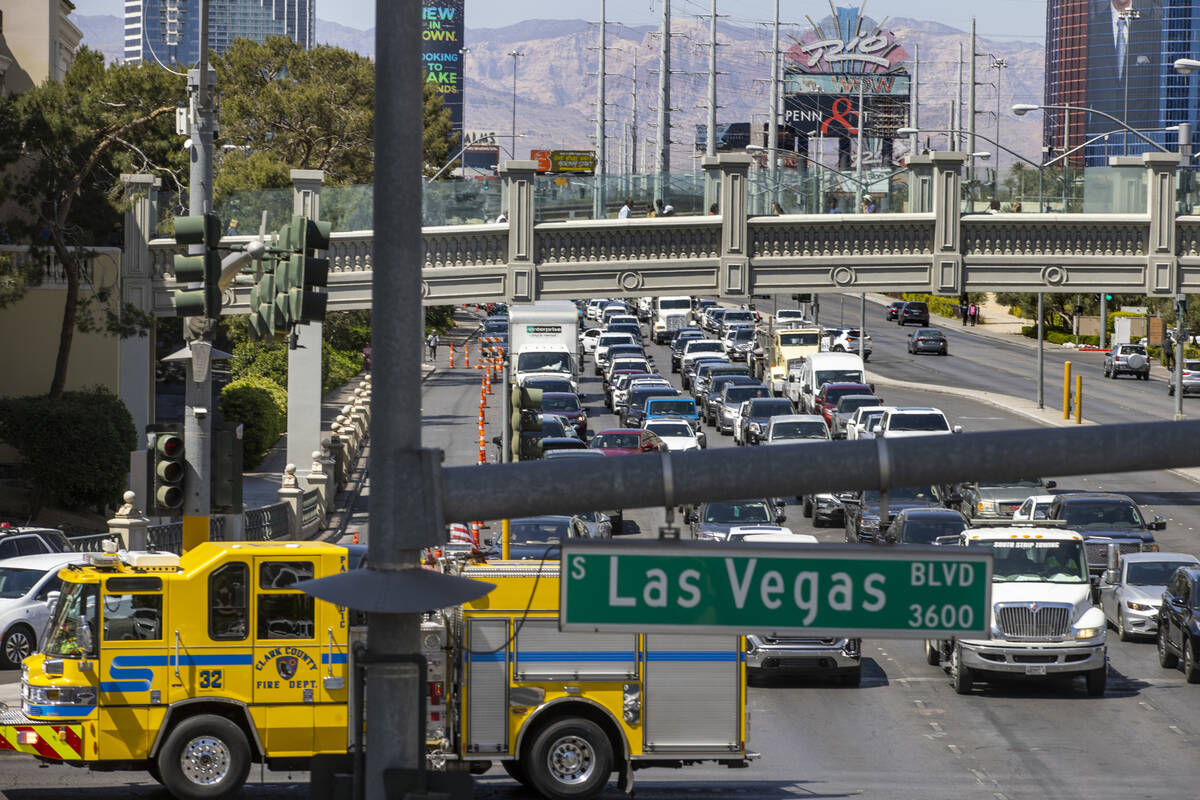 Traffic is backed up eastbound on Flamingo Road as it approaches Las Vegas Boulevard, with lane ...