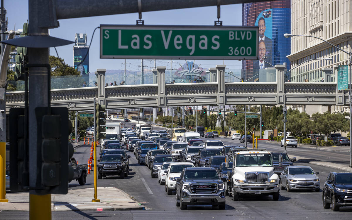 Traffic is backed up eastbound on Flamingo Road as it approaches Las Vegas Blvd., with lane clo ...