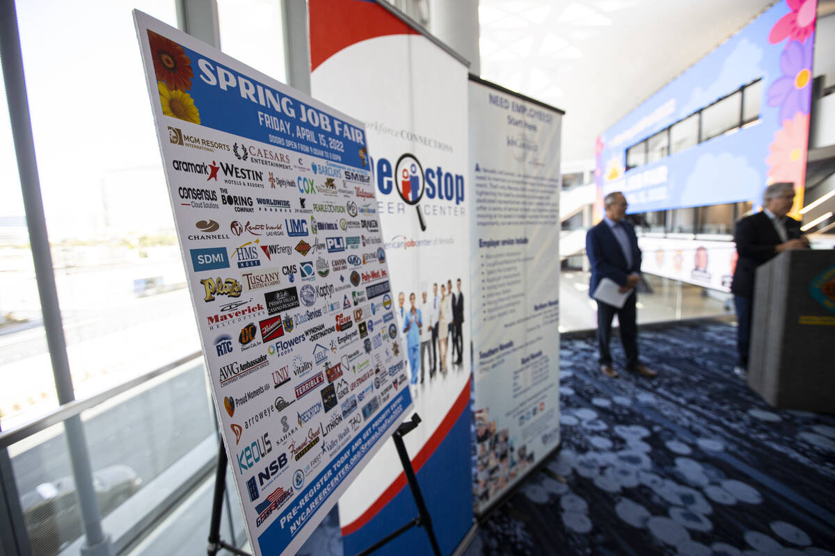 Businesses are listed on a display during a preview of an upcoming job fair at the Las Vegas Co ...
