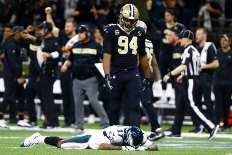 Philadelphia Eagles wide receiver Alshon Jeffery (17) lies on the turf in front of New Orleans ...