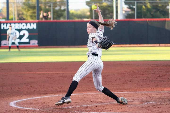 Senior Jenny Bressler winds up to throw a pitch during UNLV's game against San Diego State at E ...