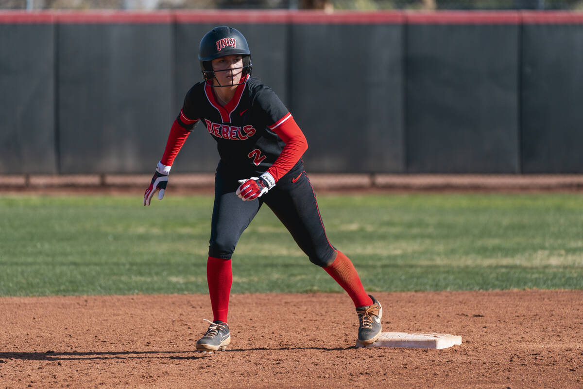 Sofia Morales stands on second base during a UNLV softball practice at Eller Media Softball Sta ...