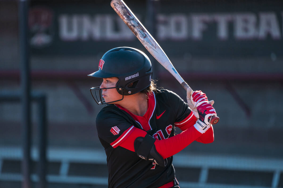 Freshman outfielder Sofia Morales prepares to swing at a pitch during a UNLV softball practice ...