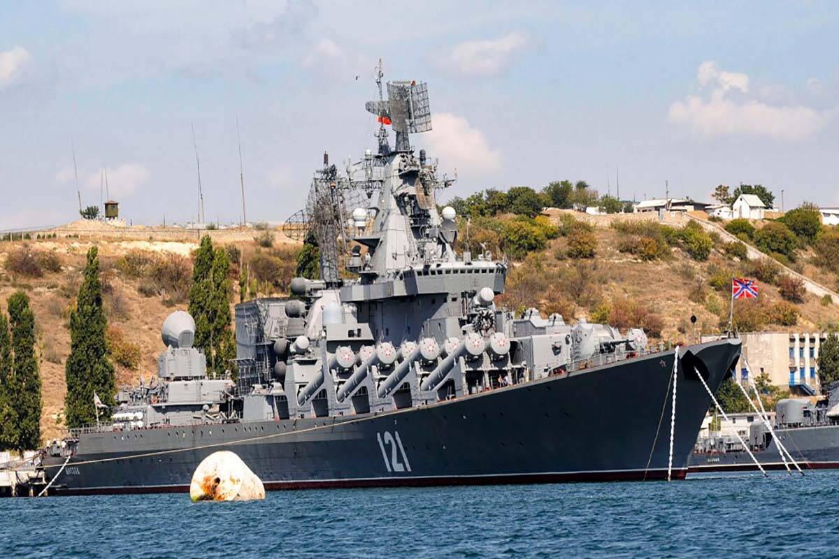The Russian missile cruiser Moskva, the flagship of Russia's Black Sea Fleet is seen anchored i ...
