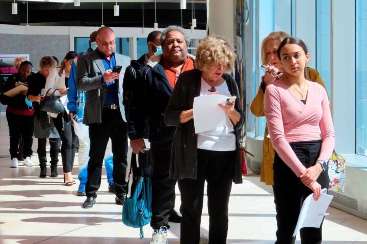 Applicants line up at a job fair at the Ocean Casino Resort in Atlantic City N.J. on April 11, ...