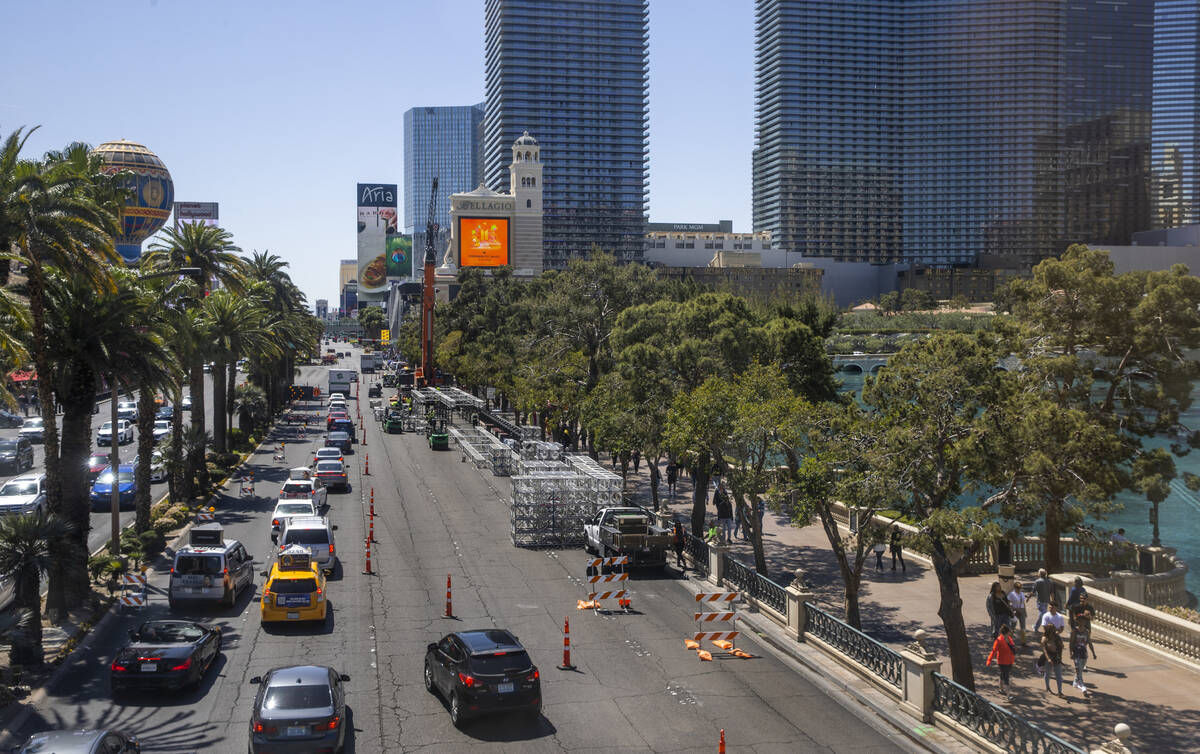 Traffic is backed up southbound on Las Vegas Boulevard, with lane closures due to construction ...