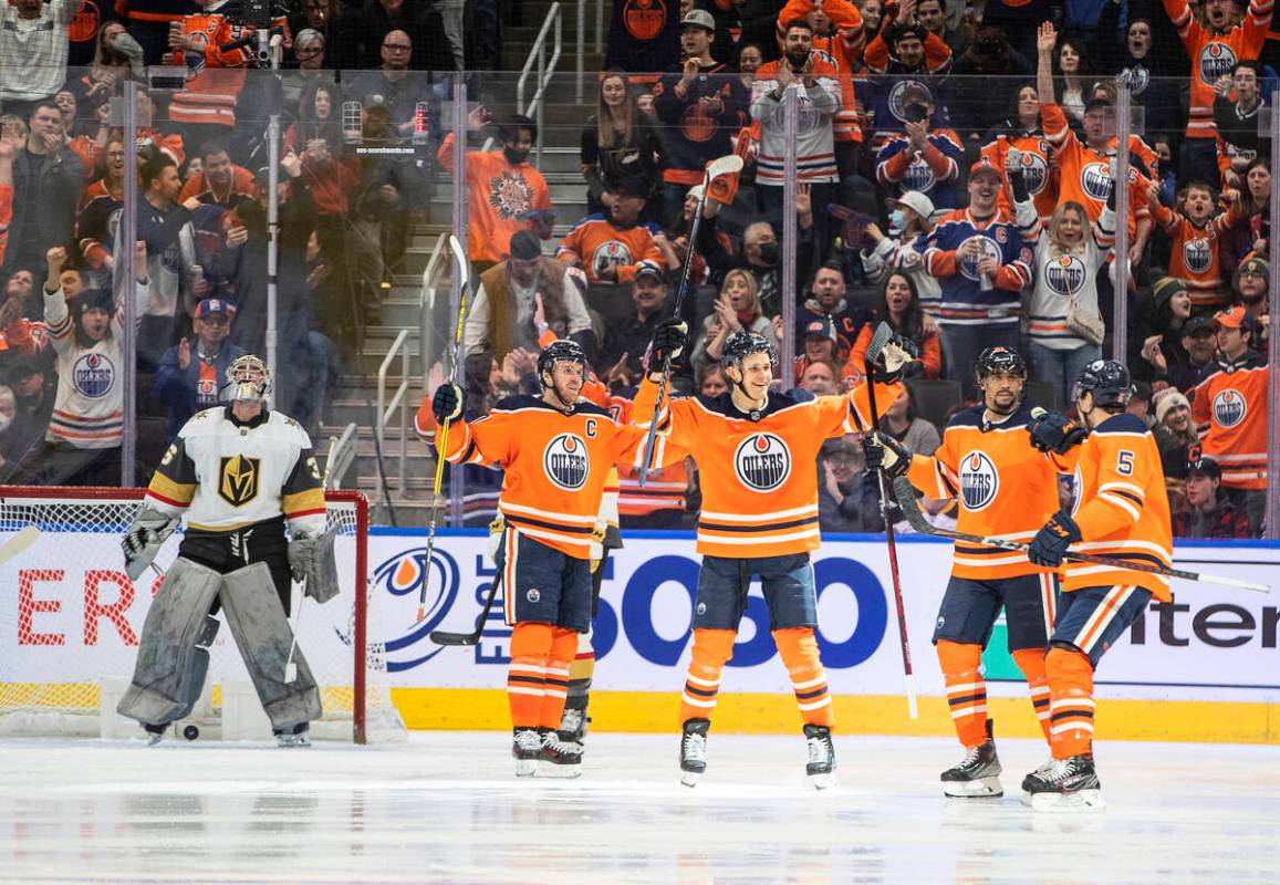 Vegas Golden Knights goalie Logan Thompson (36) looks on as Edmonton Oilers' Connor McDavid (97 ...