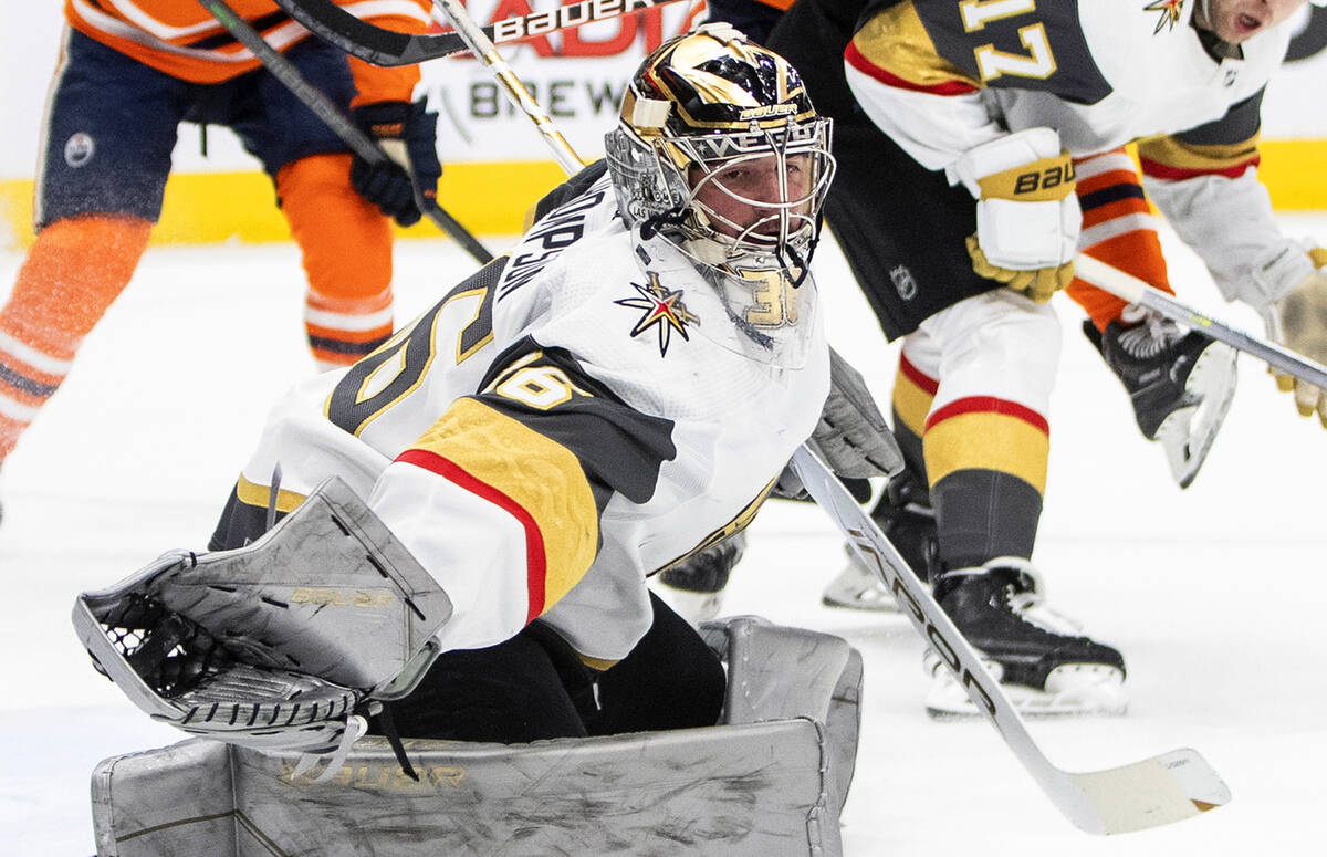 Vegas Golden Knights goalie Logan Thompson (36) makes the save during the second period of an N ...