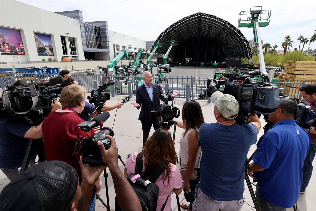 Las Vegas Convention and Visitors Authority President and CEO Steve Hill talks to the news medi ...