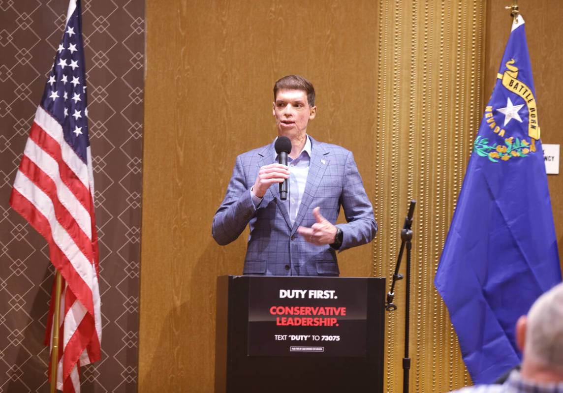 Sam Brown of Reno, a Republican candidate for U.S. Senate, speaks to supporters at Ahern Hotel ...