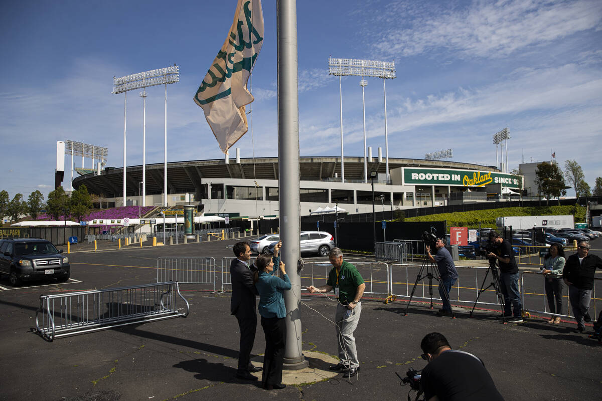 Oakland Athletics President Dave Kaval, from left, Oakland Mayor Libby Schaaf and David Rinetti ...