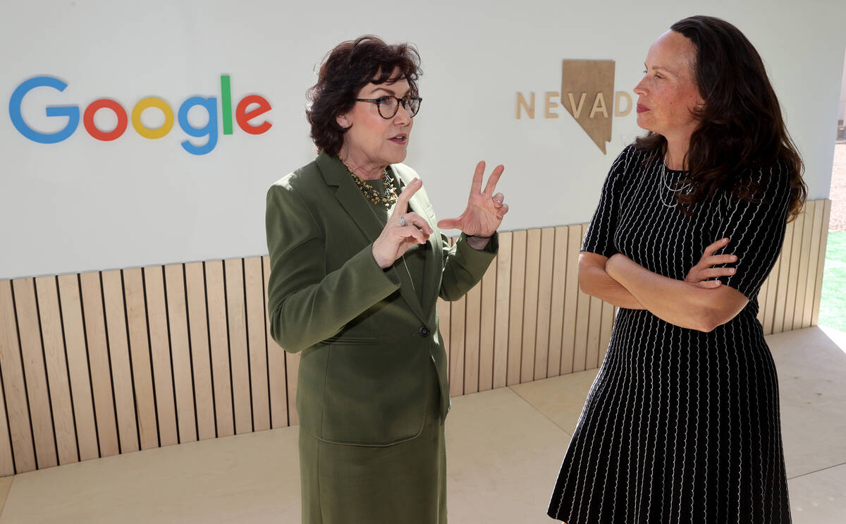 Google.org President Jacquelline Fuller, right, and Nevada Sen. Jacky Rosen during an event at ...