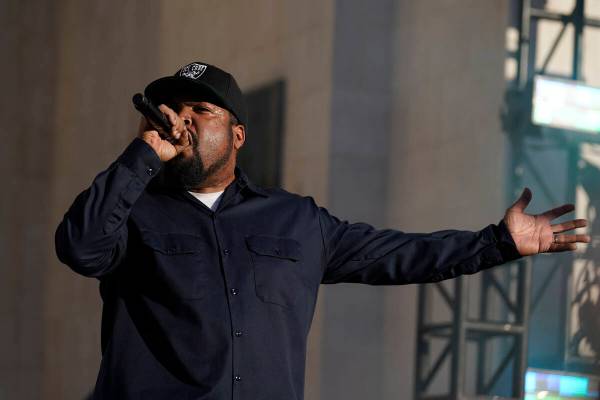 Rapper Ice Cube performs during a NASCAR exhibition auto race at Los Angeles Memorial Coliseum, ...