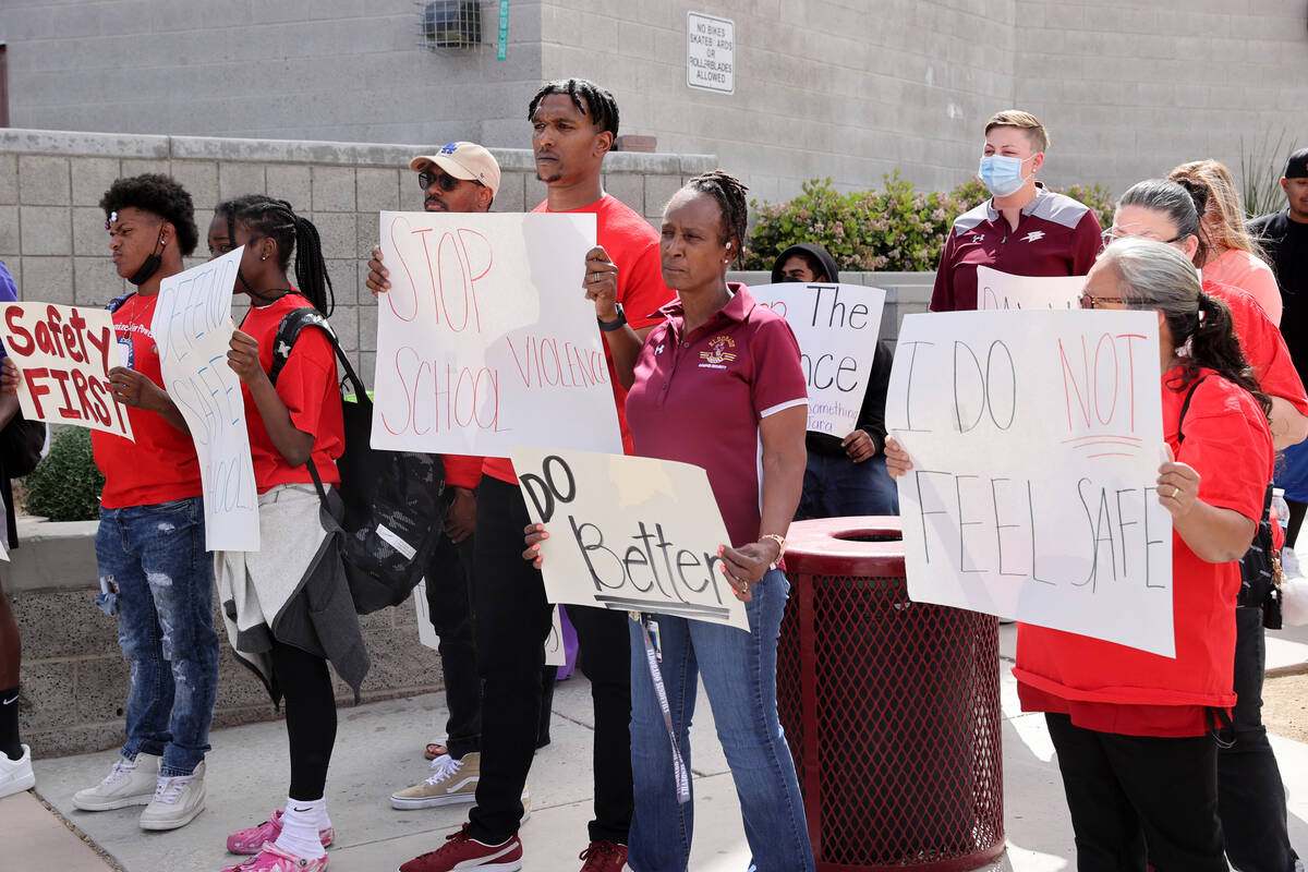 Eldorado High School students, teachers, parents and support staff protest outside the Las Vega ...
