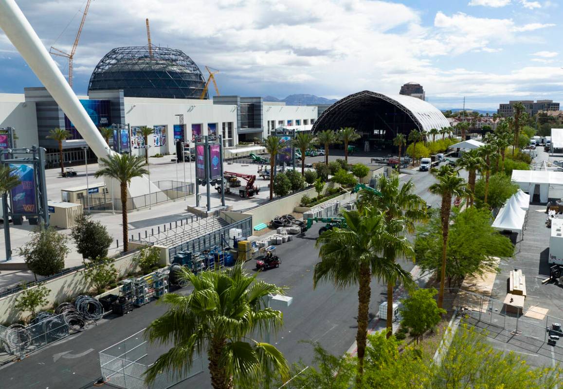 The NFL Draft main stage behind the Linq is shown on Friday, April 22, 2022, in Las Vegas. (Biz ...