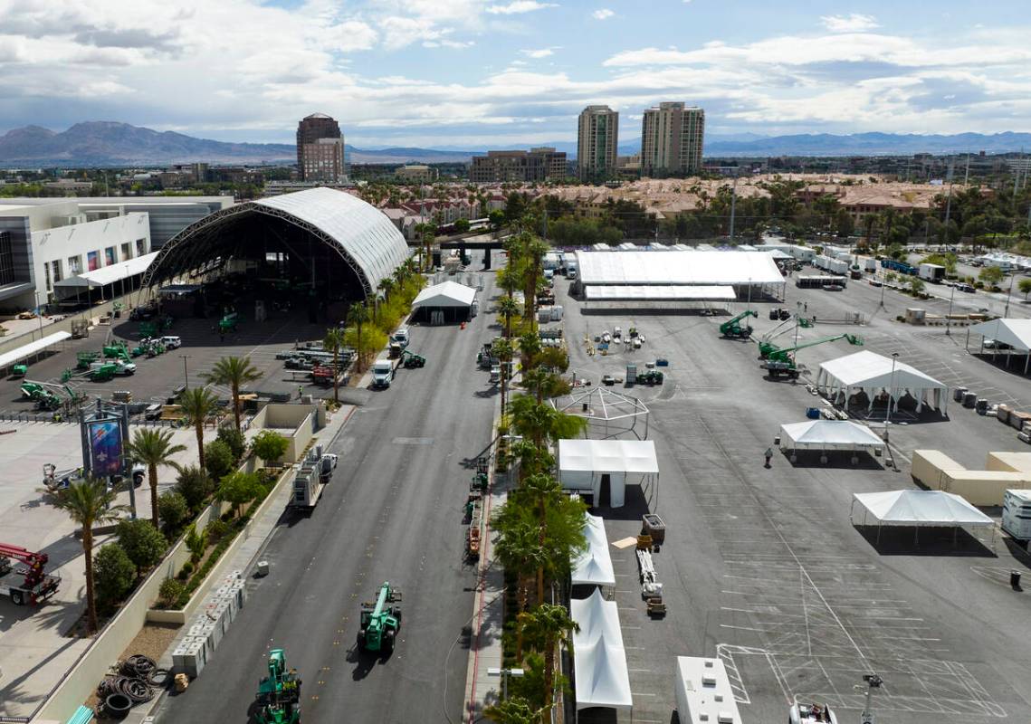 The NFL Draft main stage behind the Linq is shown on Friday, April 22, 2022, in Las Vegas. (Biz ...