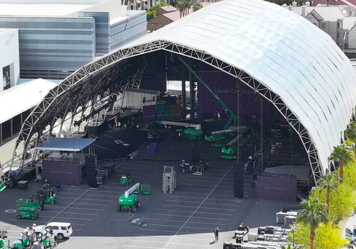 The NFL Draft main stage behind the Linq is shown on Friday, April 22, 2022, in Las Vegas. (Biz ...