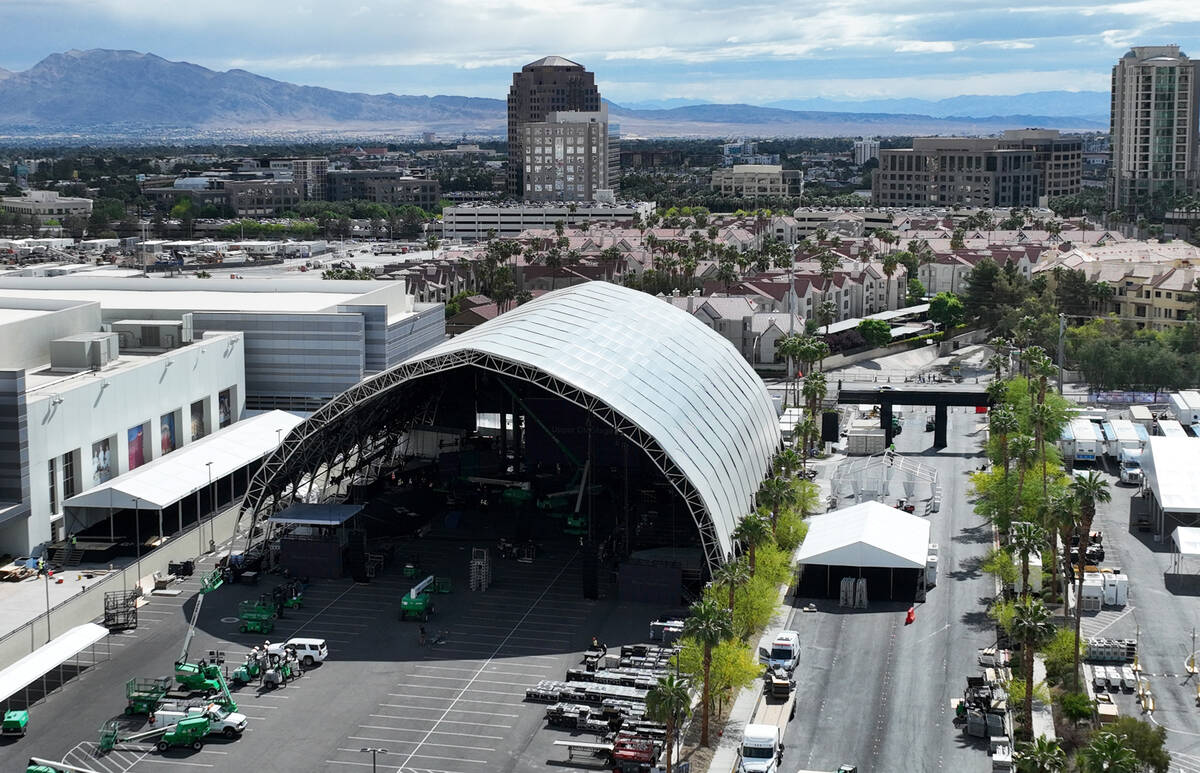 The NFL Draft main stage behind the Linq is shown on Friday, April 22, 2022, in Las Vegas. (Biz ...