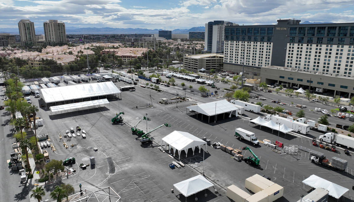 The NFL Draft main stage behind the Linq is shown on Friday, April 22, 2022, in Las Vegas. (Biz ...