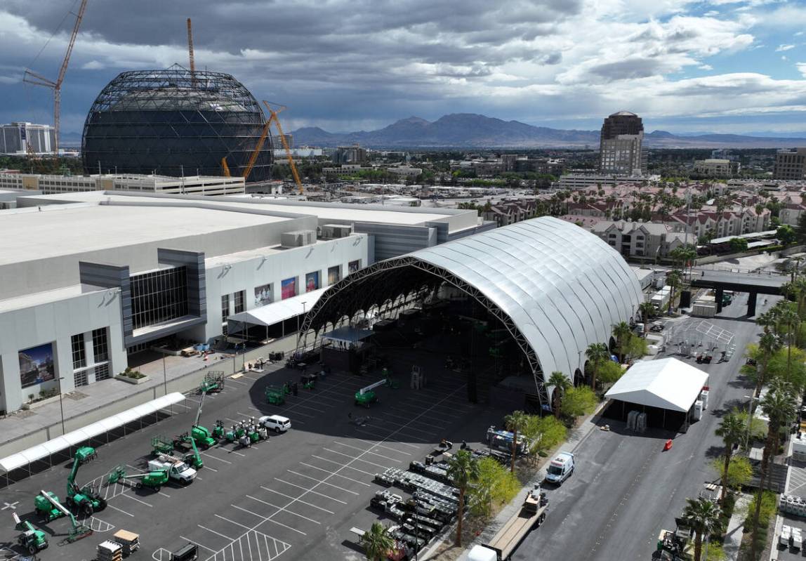 The NFL Draft main stage behind the Linq is shown on Friday, April 22, 2022, in Las Vegas. (Biz ...