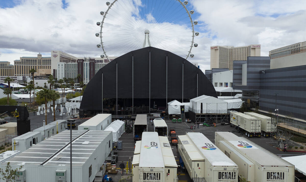 The NFL Draft main stage behind the Linq is shown on Friday, April 22, 2022, in Las Vegas. (Biz ...