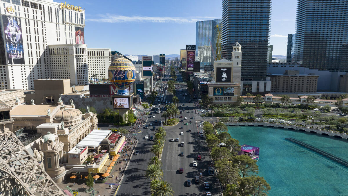 The red carpet stage for the 2022 NFL Draft is shown on the Bellagio Fountains on Saturday, Apr ...