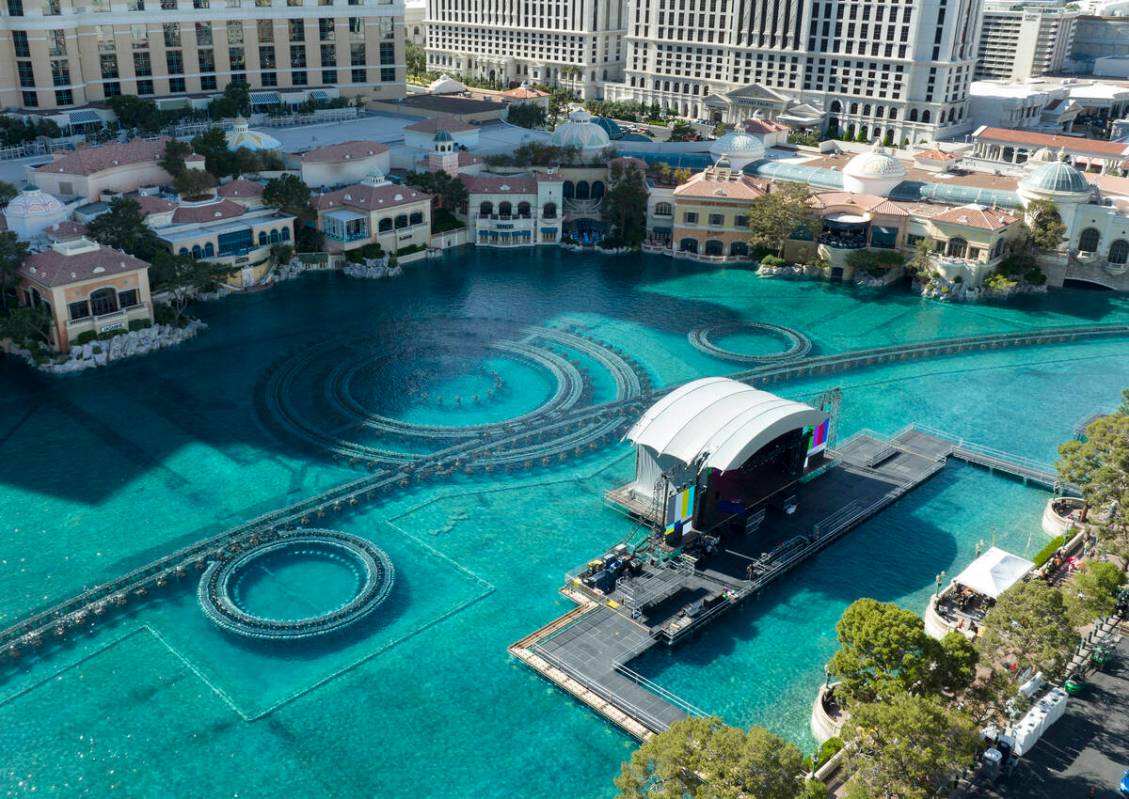 The red carpet stage for the 2022 NFL Draft is shown on the Bellagio Fountains on Saturday, Apr ...