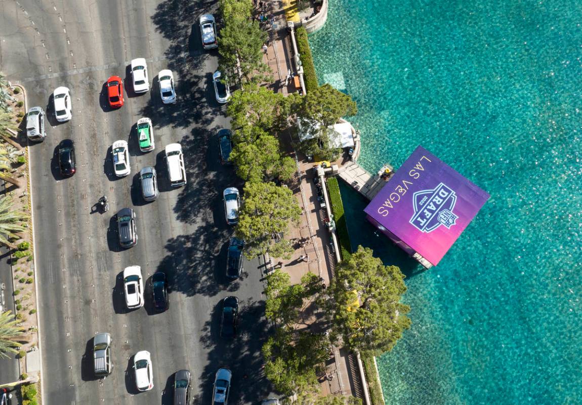 An extension stage next to the red carpet stage for the 2022 NFL Draft is shown on the Bellagio ...