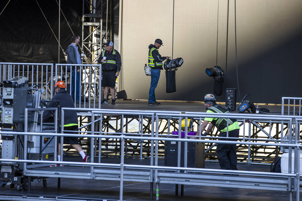 Crews continue with preparations for the NFL Draft 2022 stage at the Bellagio Fountains on Satu ...