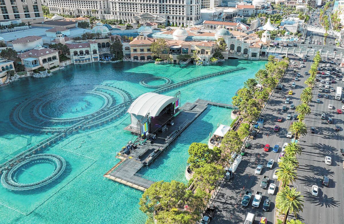 The red carpet stage for the 2022 NFL Draft is shown on the Bellagio Fountains on Saturday, Apr ...