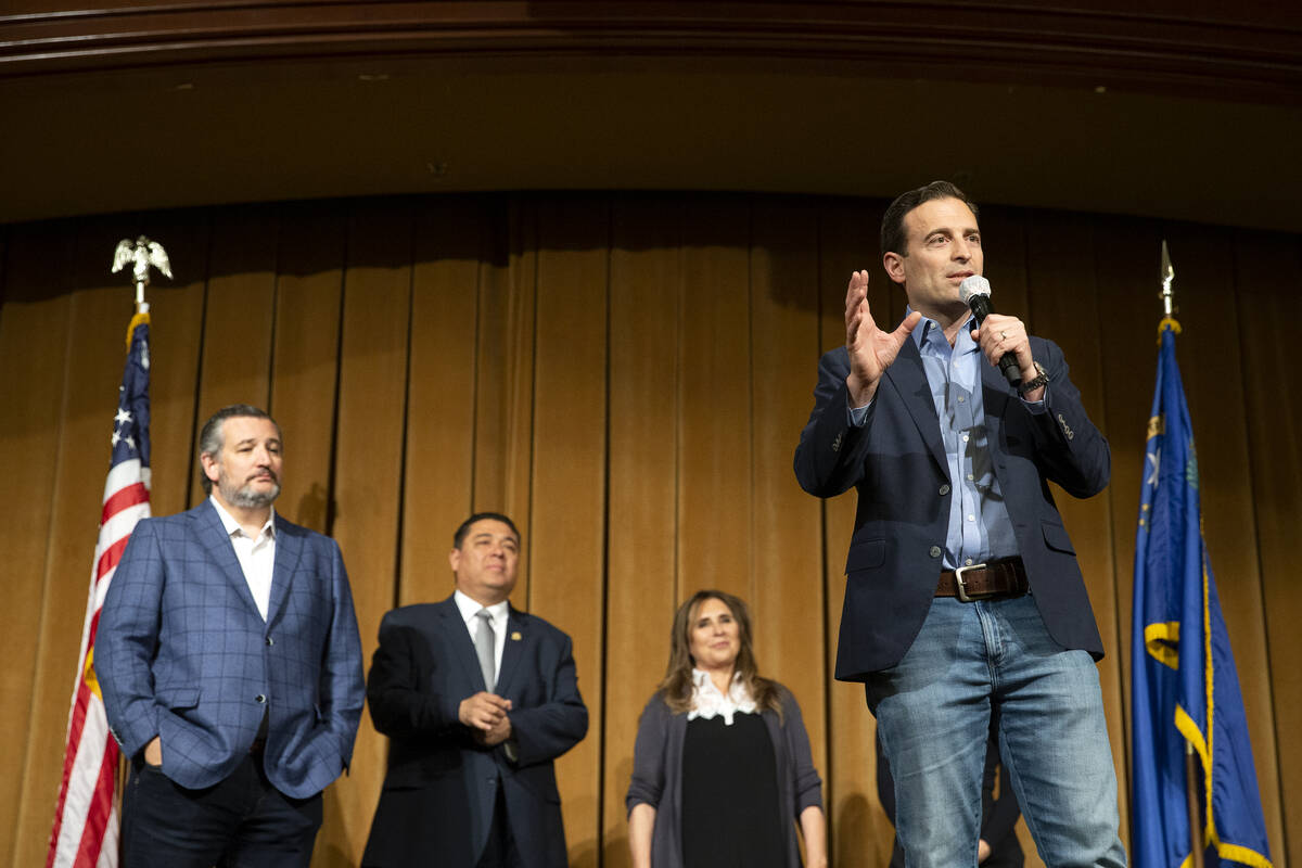 Nevada Republican U.S. Senate candidate Adam Laxalt speaks during a rally at Sun City Anthem Ce ...