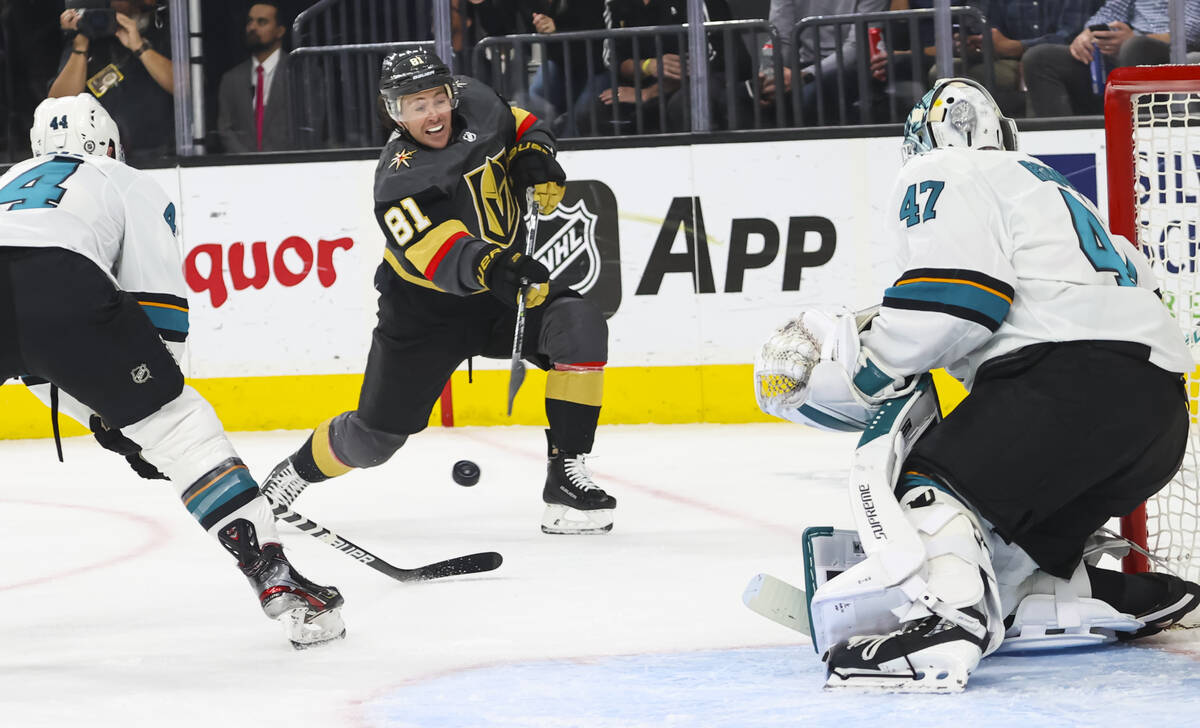 Golden Knights center Jonathan Marchessault (81) shoots against San Jose Sharks goaltender Jame ...