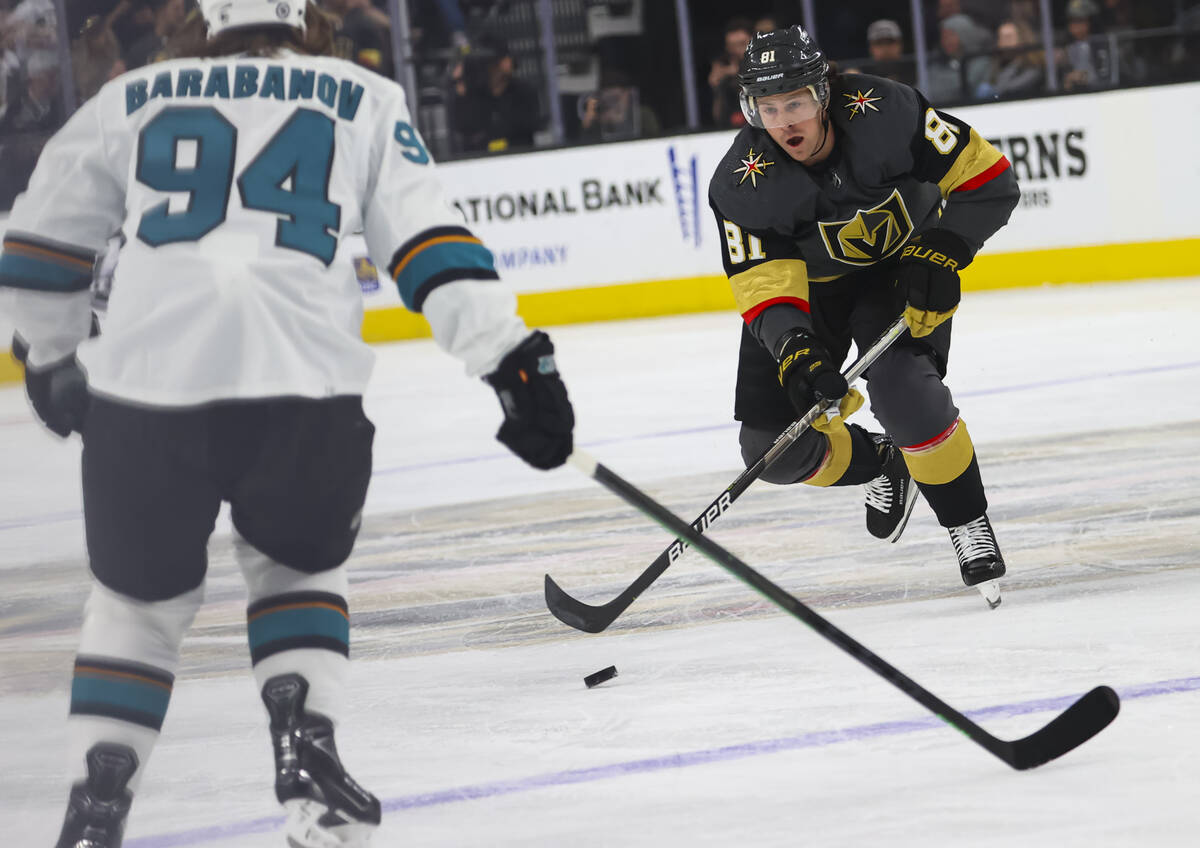 Golden Knights center Jonathan Marchessault (81) skates with the puck during the first period o ...